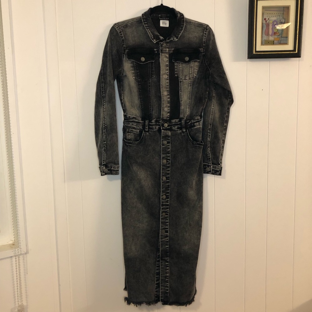 Wash Lab Faded Black Longline Denim Jacket Dress Small